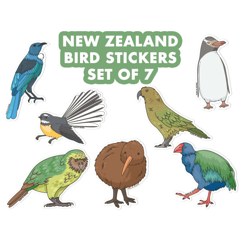 Each sticker features a beautiful drawing of a famous New Zealand bird, including the Kiwi, Tui, Kea, Takahē, Fantail, Yellow-eyed Penguin, and Kākāpō. They're printed on top-quality vinyl, so the colours are bright, and the details are clear. Plus, they're waterproof, so they'll look great no matter where you stick them!